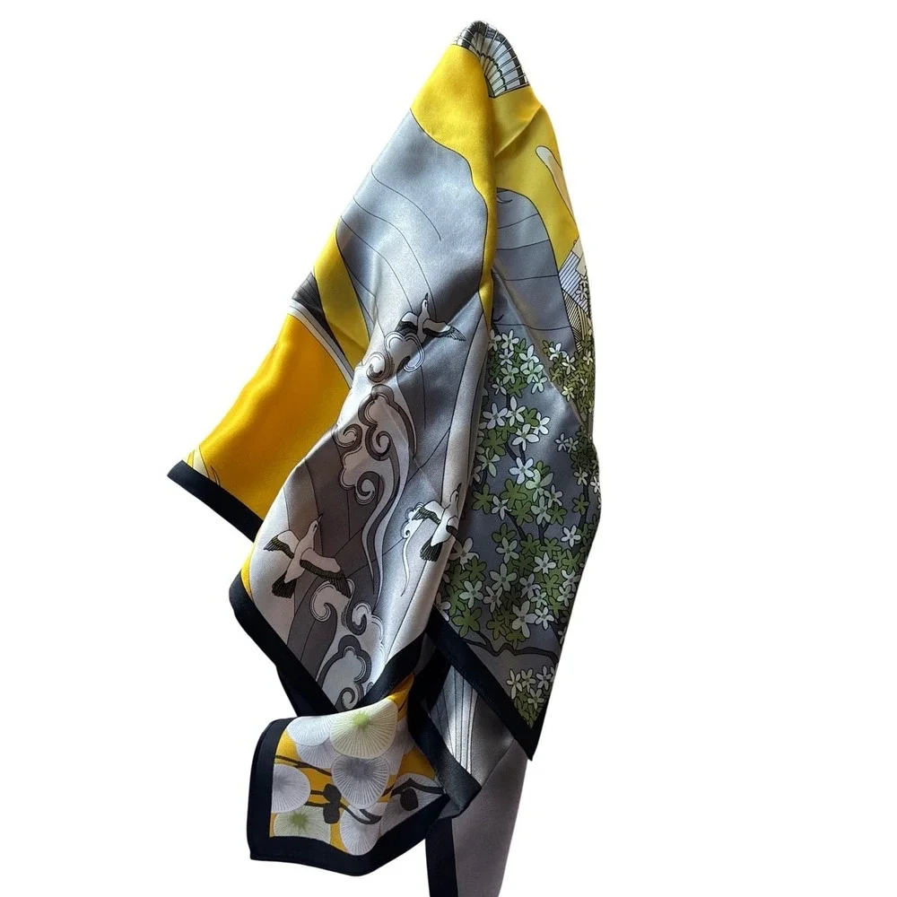 Silk Square Scarf‎ Hot Air Balloon Landscape Print Yellow Grey Black 25